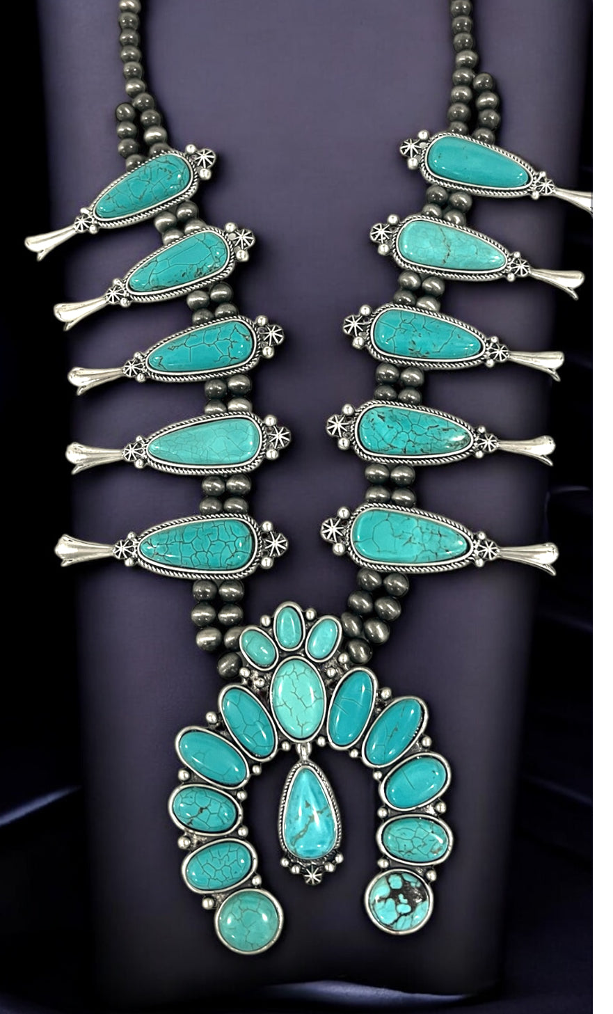 Western Violet-Point Squash Blossom Necklace, Natural Stone Purple Accent Statement Jewelry