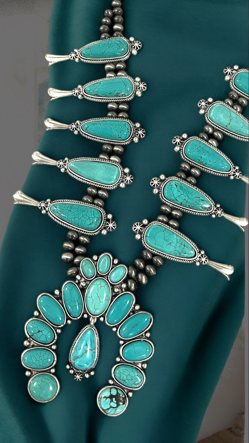 Western Violet-Point Squash Blossom Necklace, Natural Stone Purple Accent Statement Jewelry