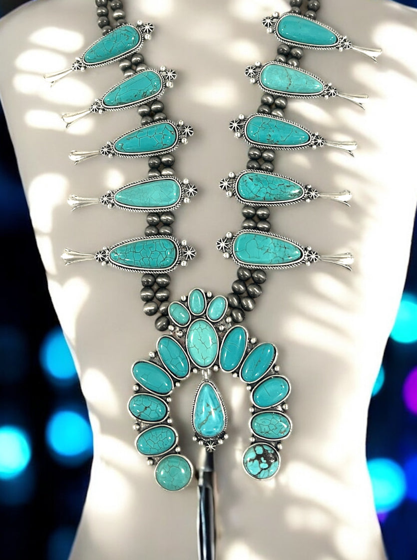 Western Violet-Point Squash Blossom Necklace, Natural Stone Purple Accent Statement Jewelry