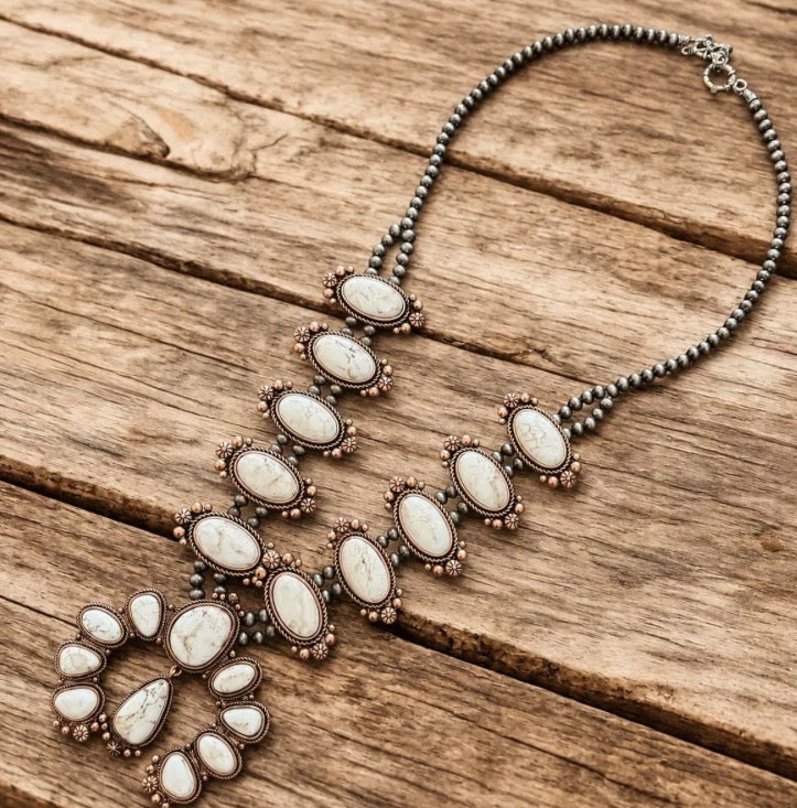 White Turquoise Squash Blossom Necklace, Western Statement Necklace,