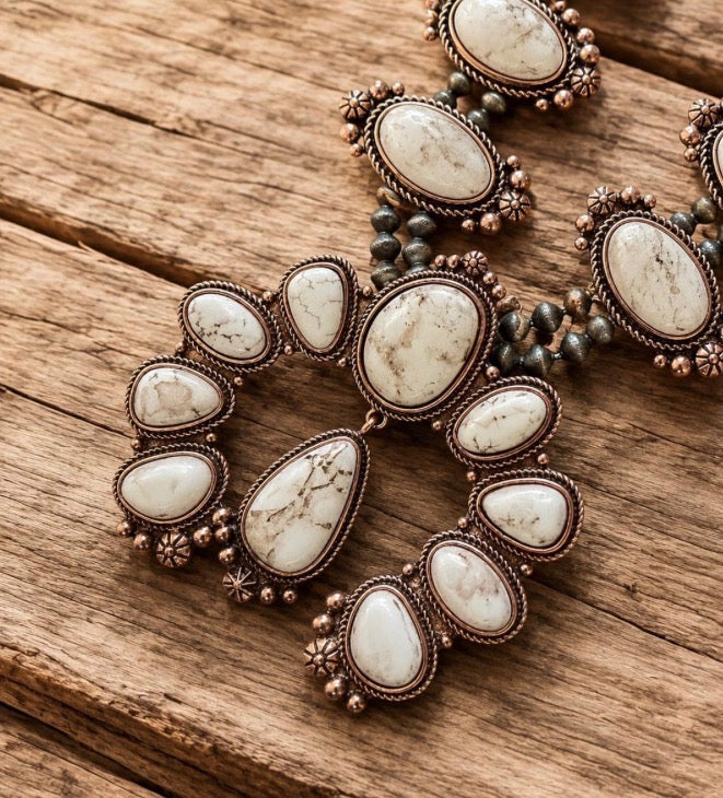 White Turquoise Squash Blossom Necklace, Western Statement Necklace,