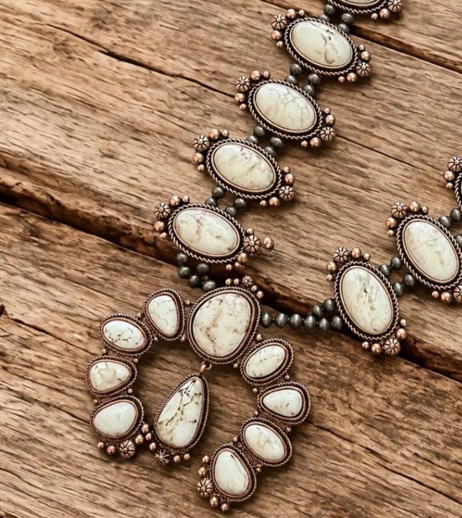 White Turquoise Squash Blossom Necklace, Western Statement Necklace,