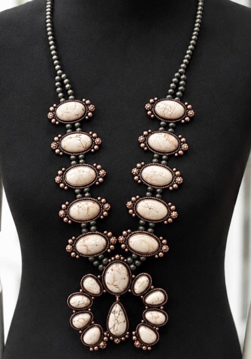 White Turquoise Squash Blossom Necklace, Western Statement Necklace,