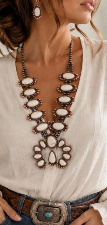 White Turquoise Squash Blossom Necklace, Western Statement Necklace,