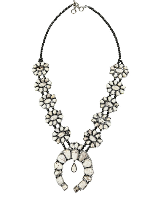 Monster Full Squash Blossom White Turquoise Necklace – Western Navajo Style Statement Jewelry 732034