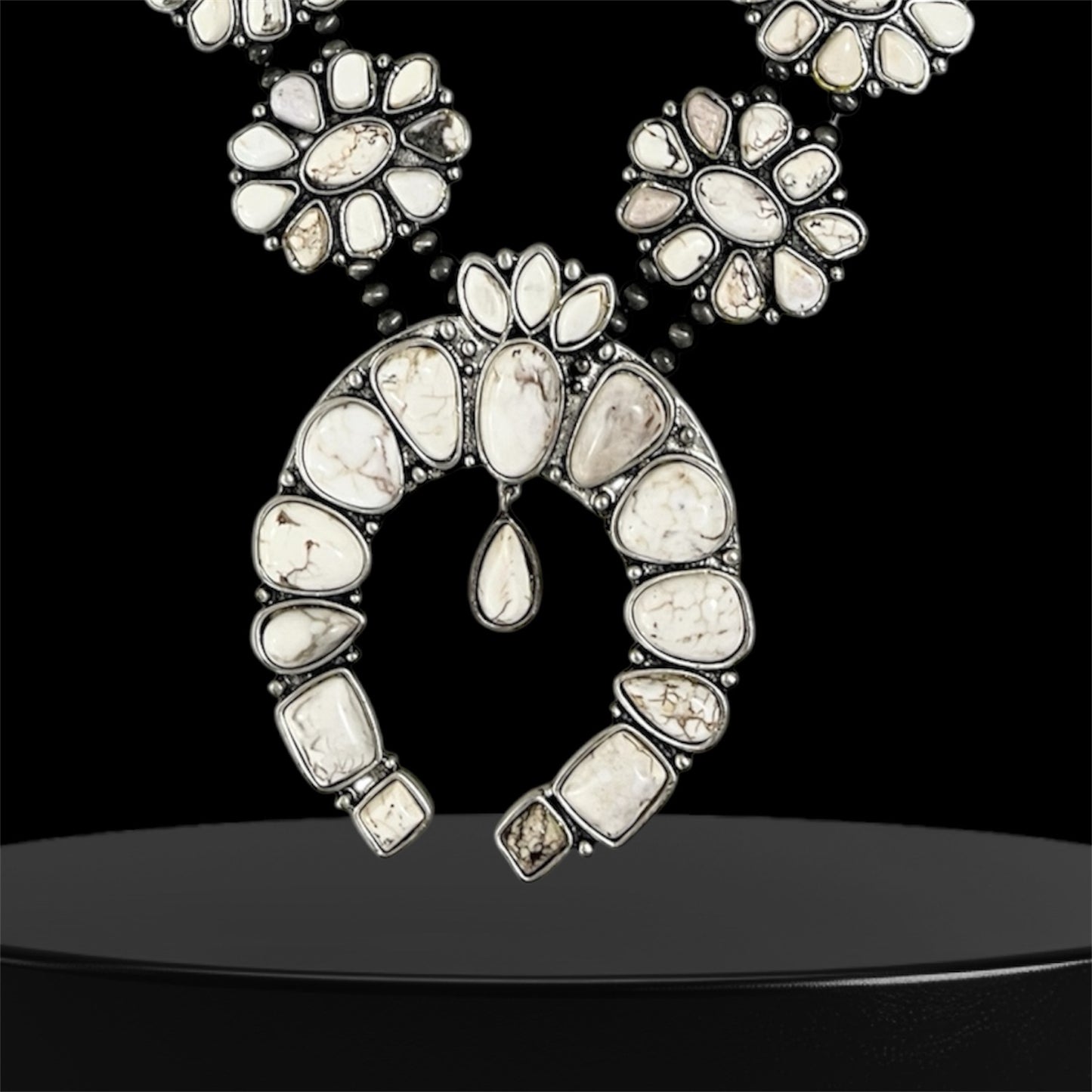 Monster Full Squash Blossom White Turquoise Necklace – Western Navajo Style Statement Jewelry 732034