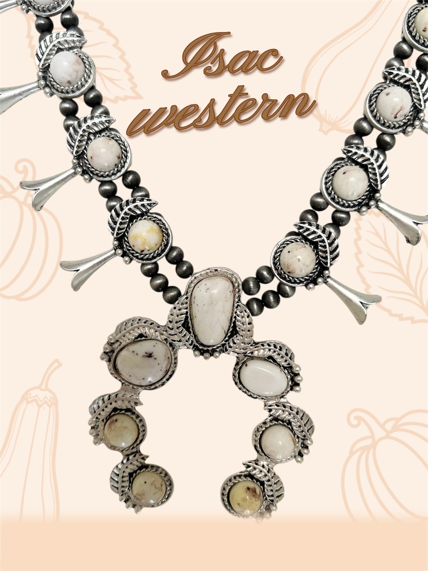 24 Inch Long Squash Blossom White Turquoise Necklace 732630