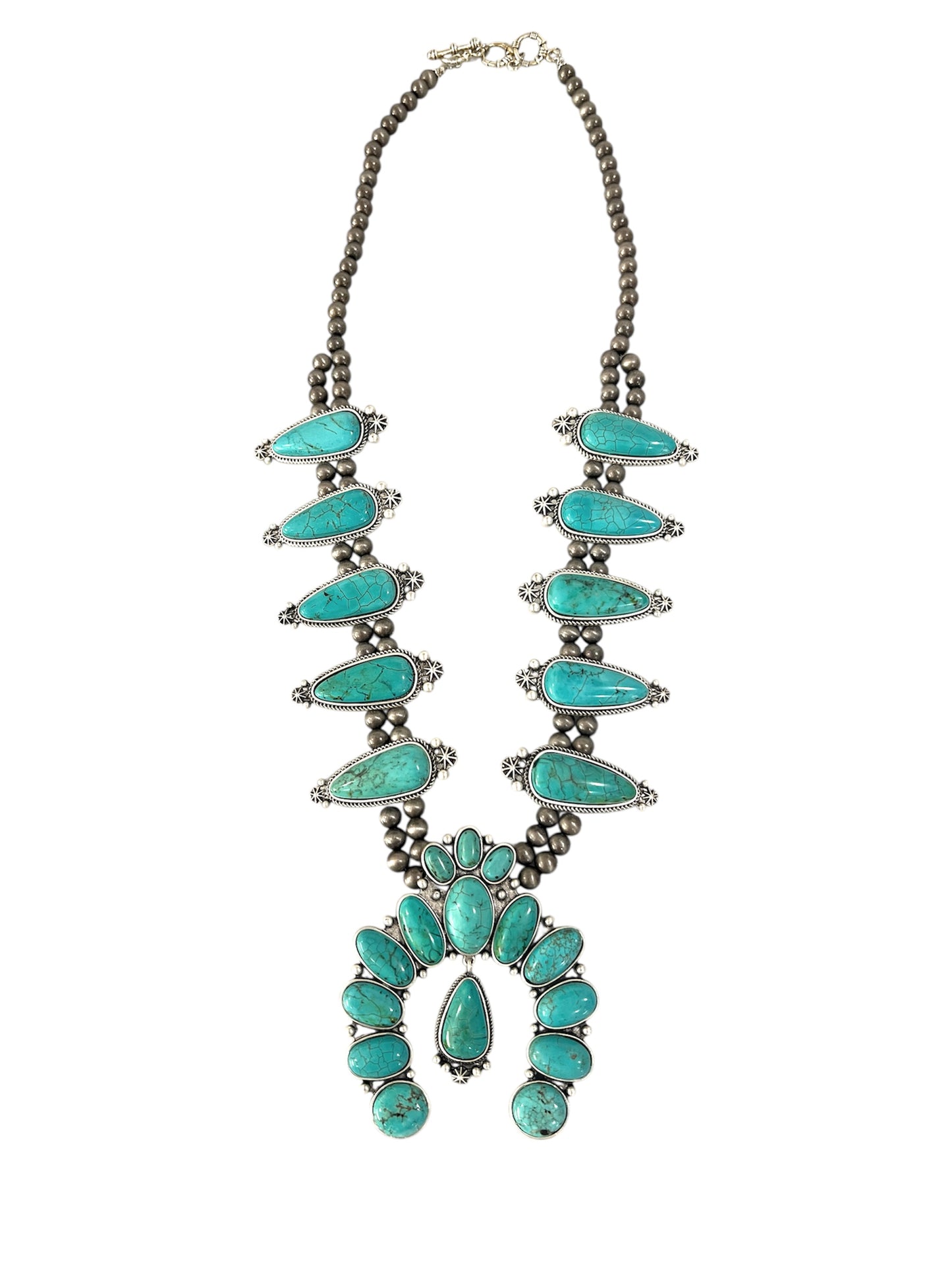 30" Long Handmade Very-Big Squash Blossom Turquoise Necklace 731751