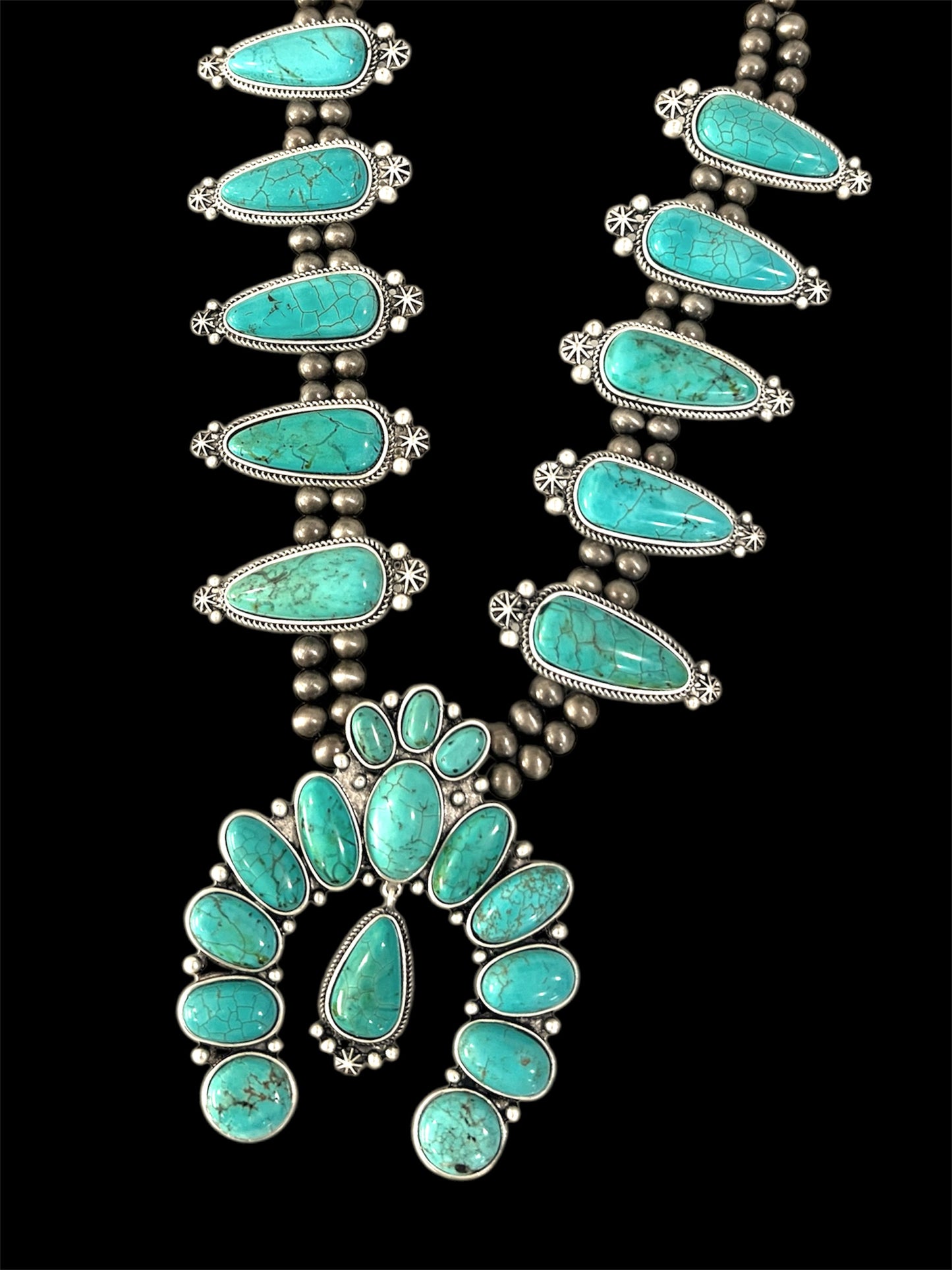 30" Long Handmade Very-Big Squash Blossom Turquoise Necklace 731751