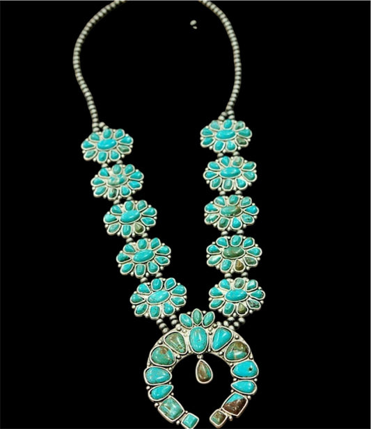 32" Long Handmade Full Squash Blossom Turquoise Necklace 732541