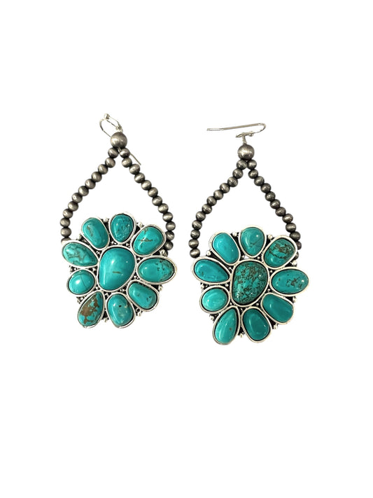 Handmade Western Squash Blossom Turquoise Concho Earrings, Navajo Style Boho Cowgirl Jewelry, Antique Silver Bead Drop Earrings, Gift for Her