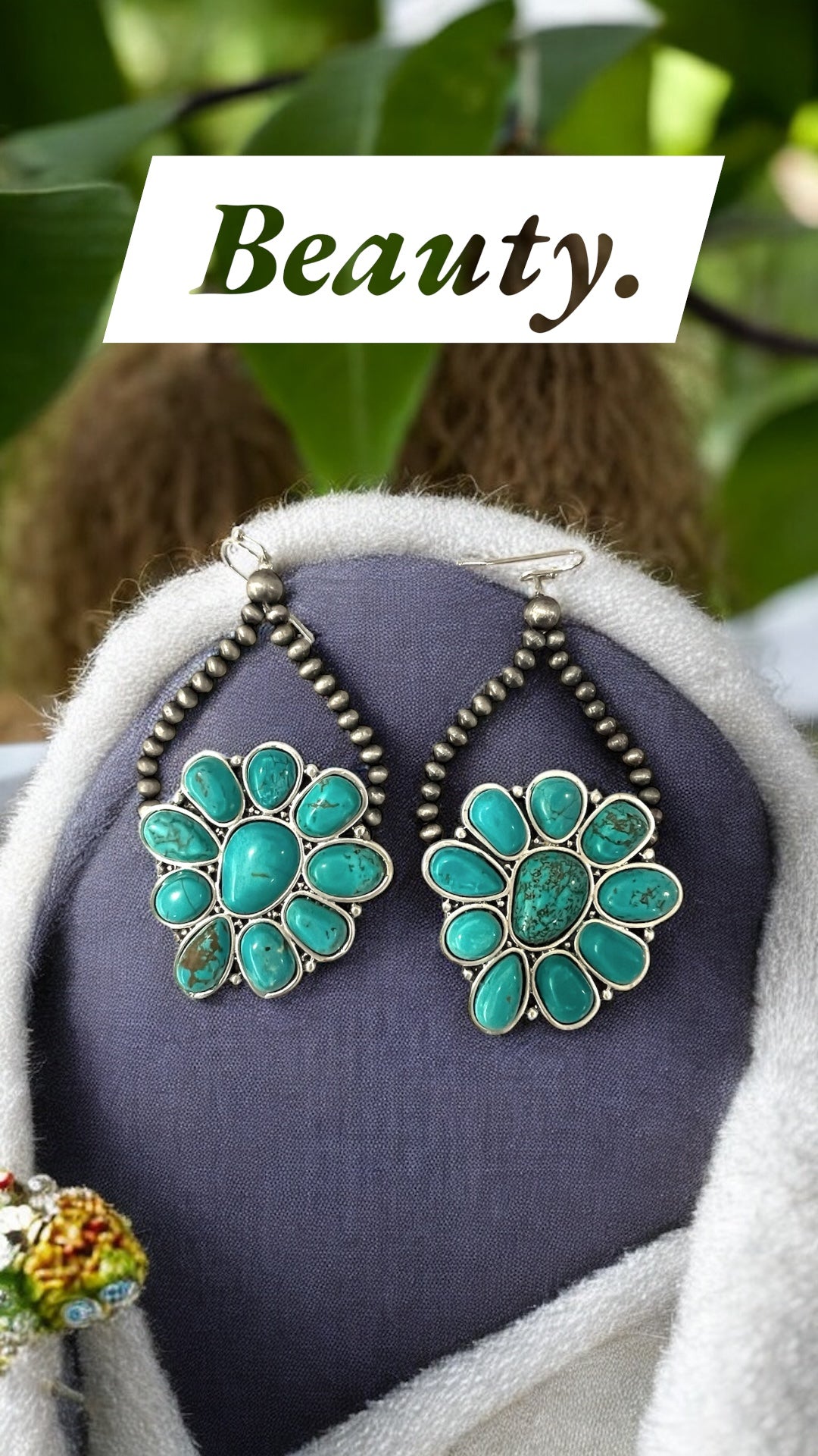 Handmade Western Squash Blossom Turquoise Concho Earrings, Navajo Style Boho Cowgirl Jewelry, Antique Silver Bead Drop Earrings, Gift for Her