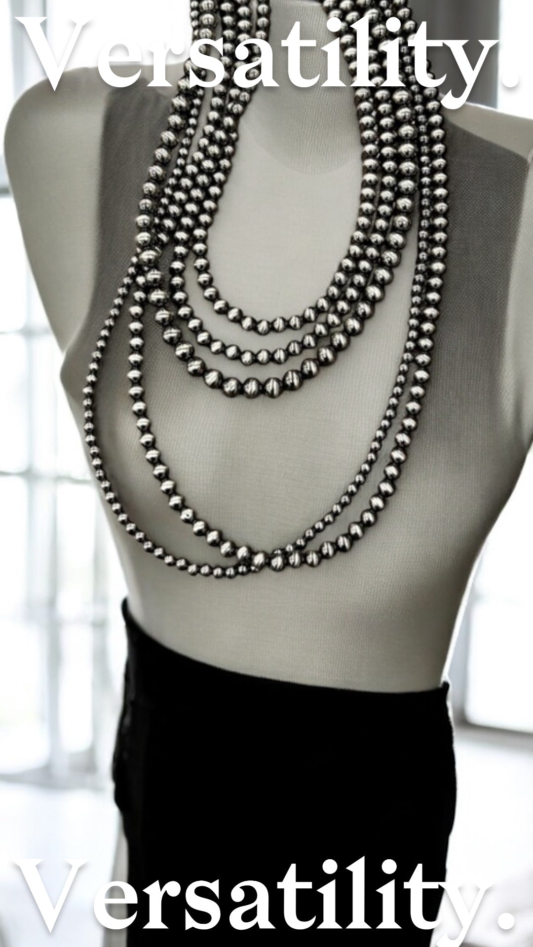 Handmade 5-Strand Polish Navajo Bead Necklace, 30"–35" Long Layered Silver Bead Western Cowgirl Jewelry, Boho Rodeo Statement Necklace738214