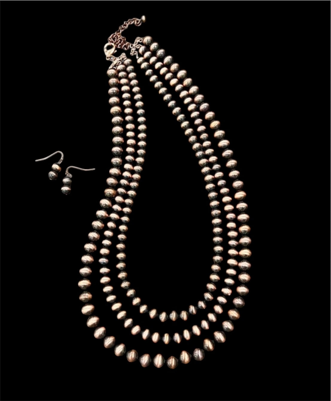 Handmade 3-Strand Copper Navajo Bead Necklace and Earrings Set, Western Boho Cowgirl Jewelry, Layered Copper Bead Necklace Set731151