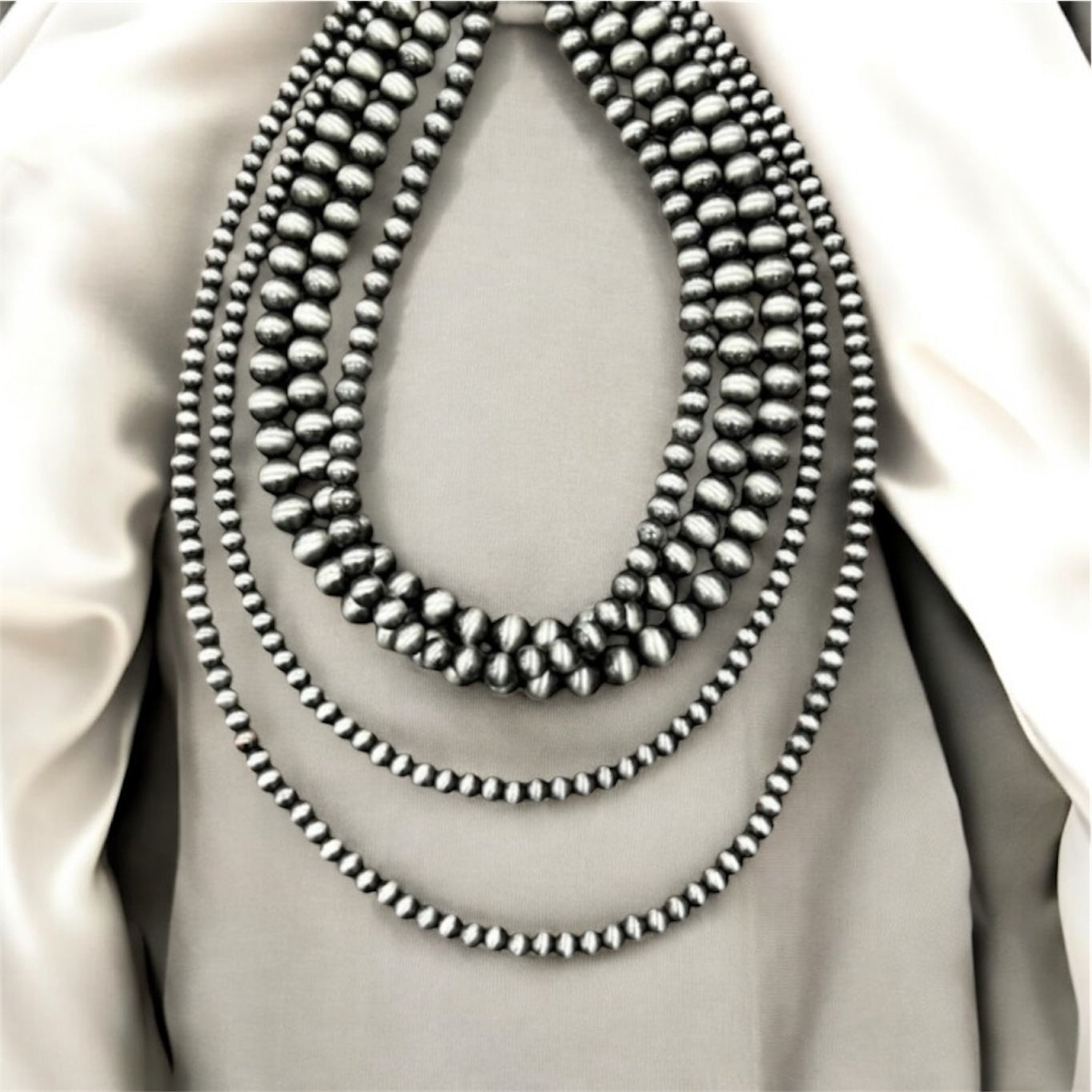 Handmade 5-Strand Navajo Pearl Necklace, Layered Western Cowgirl Jewelry, Boho Silver Bead Statement Necklace 737862