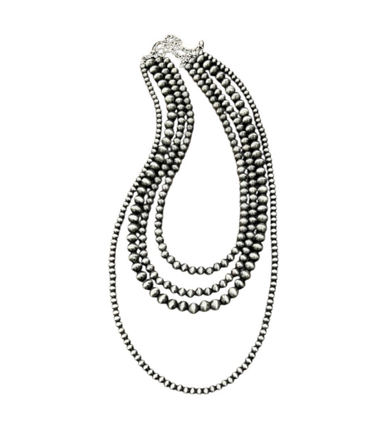 Handmade 4-Strand Navajo Pearl Necklace, 20"–30" Layered Western Cowgirl Jewelry, Boho Silver Bead Statement Necklace738614