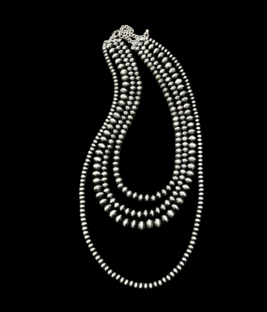Handmade 4-Strand Navajo Pearl Necklace, 20"–30" Layered Western Cowgirl Jewelry, Boho Silver Bead Statement Necklace738614