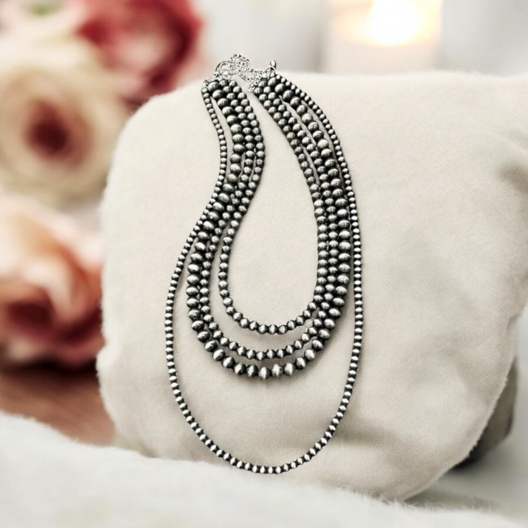 Handmade 4-Strand Navajo Pearl Necklace, 20"–30" Layered Western Cowgirl Jewelry, Boho Silver Bead Statement Necklace738614