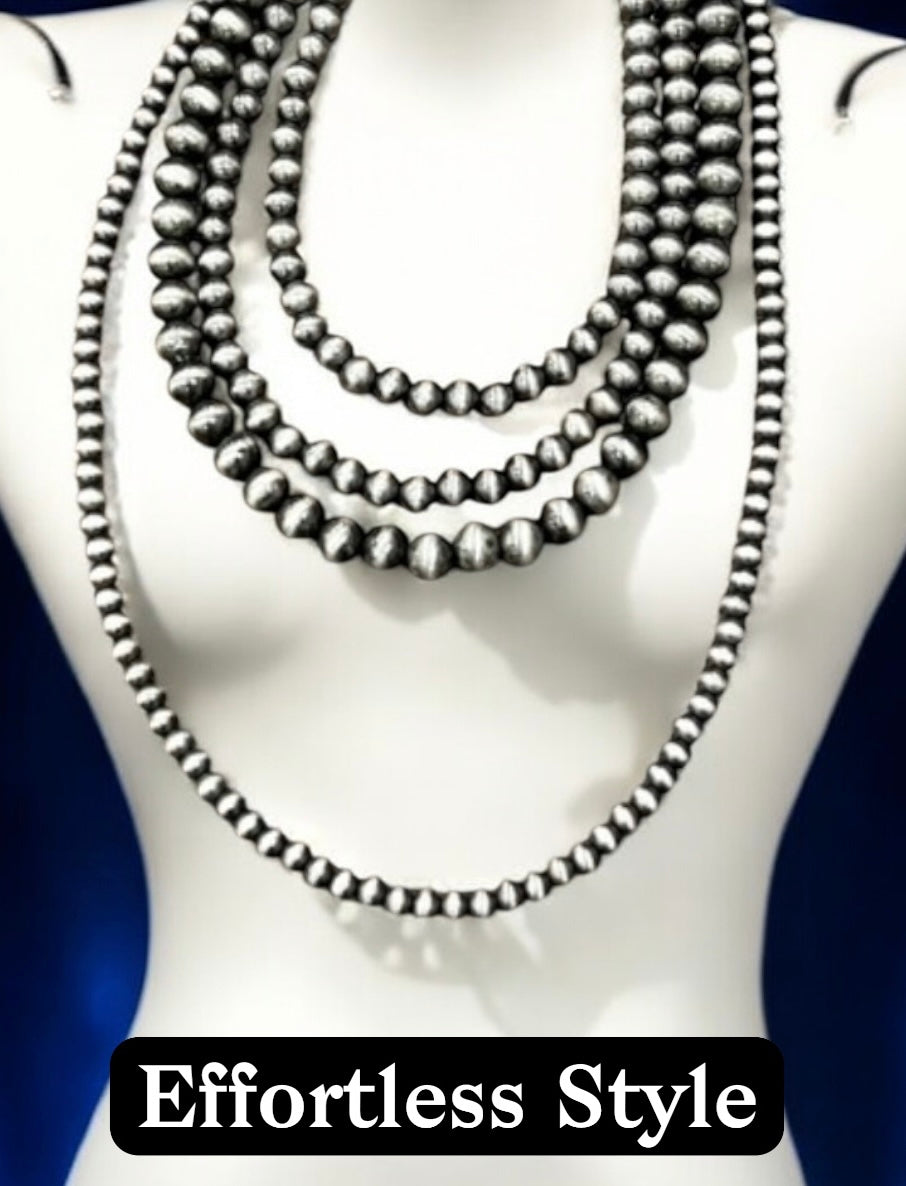 Handmade 4-Strand Navajo Pearl Necklace, 20"–30" Layered Western Cowgirl Jewelry, Boho Silver Bead Statement Necklace738614