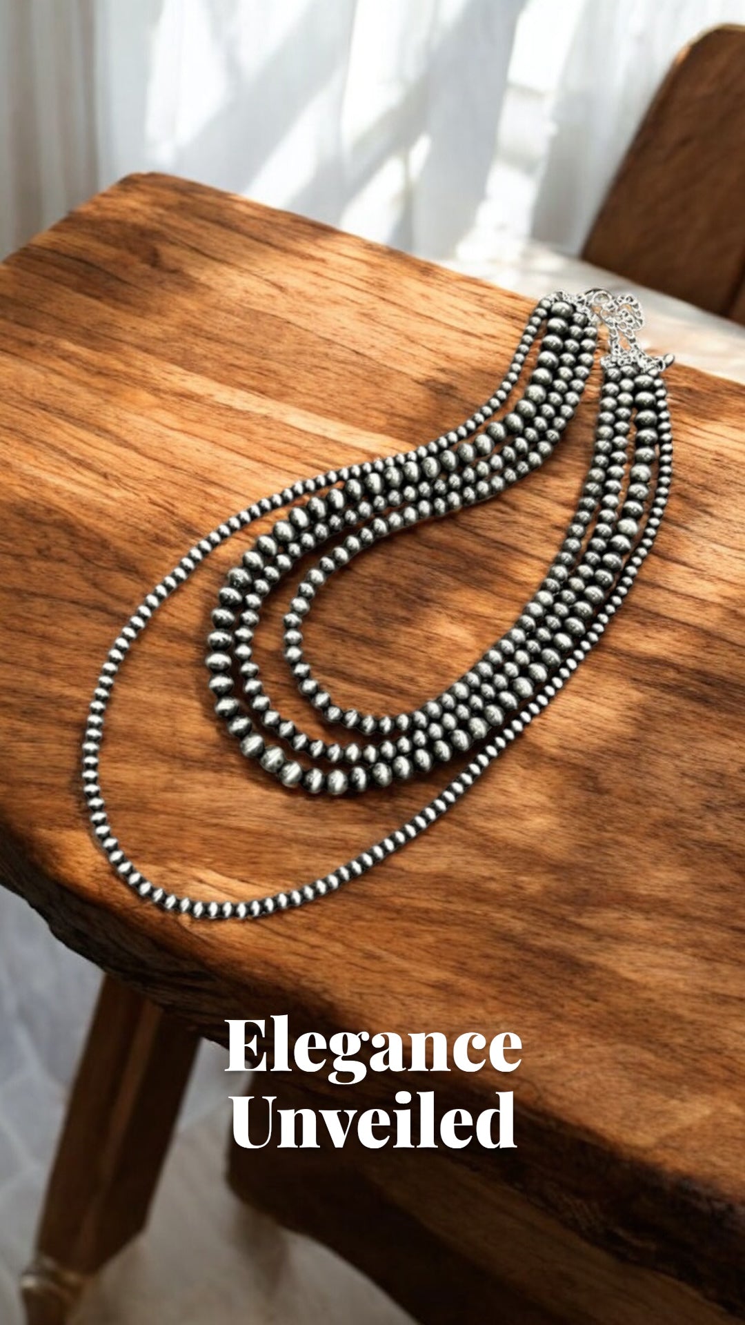 Handmade 4-Strand Navajo Pearl Necklace, 20"–30" Layered Western Cowgirl Jewelry, Boho Silver Bead Statement Necklace738614