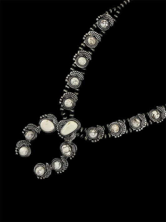 Full Squash Blossom Natural White Turquoise Necklace 732060