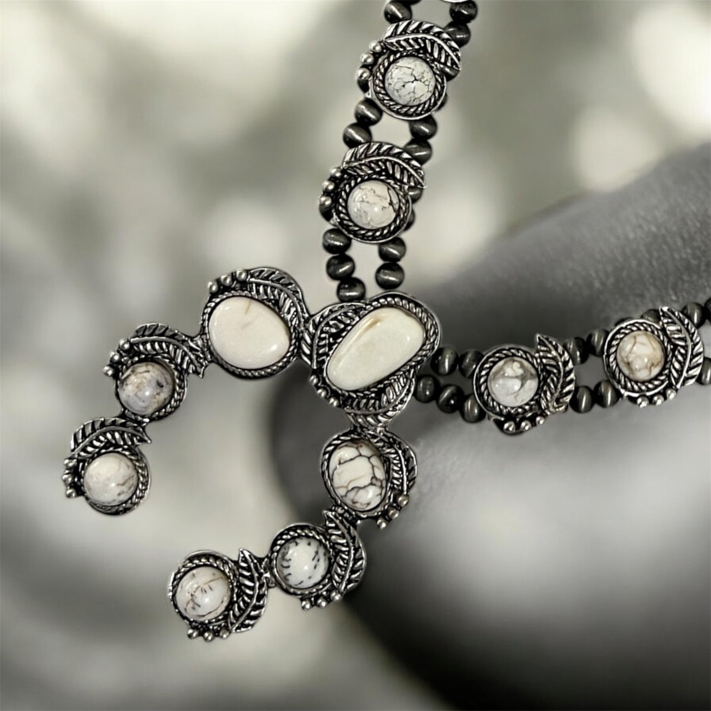 Full Squash Blossom Natural White Turquoise Necklace 732060