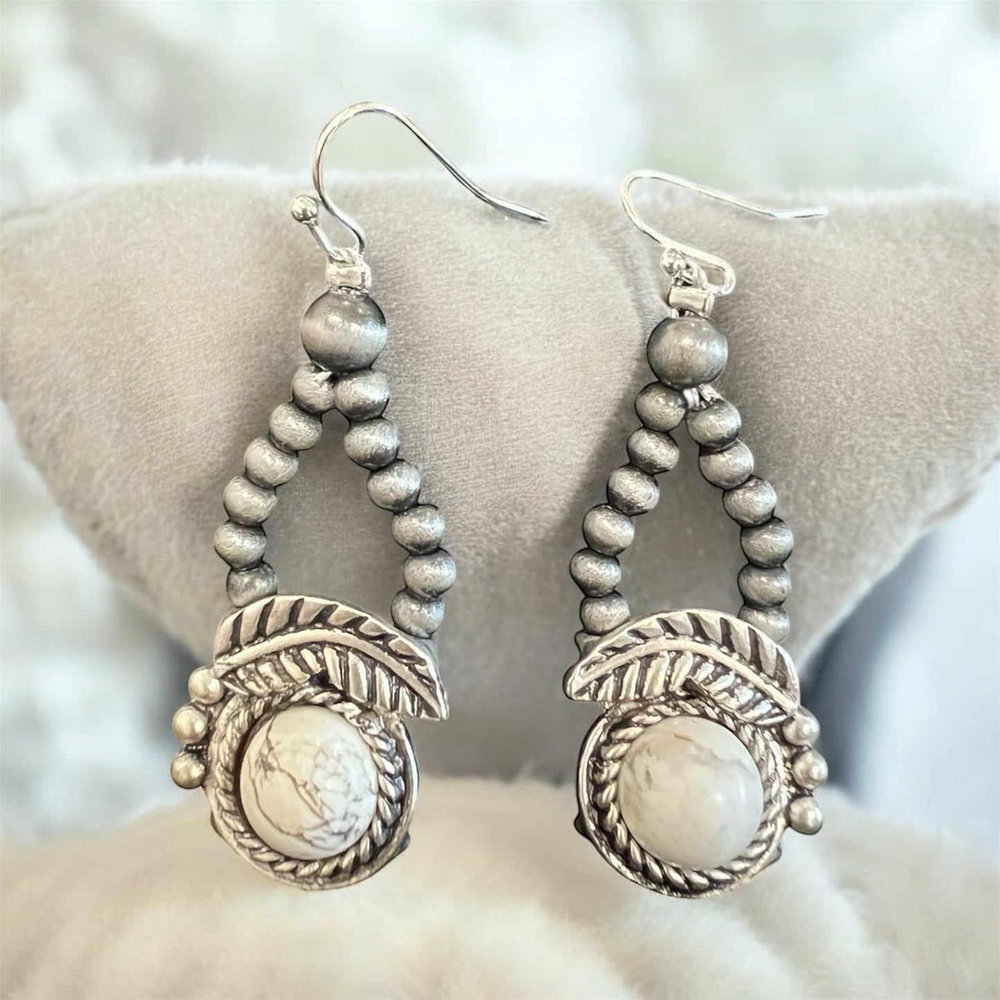 Handmade White Turquoise Navajo Bead Squash Blossom Earrings